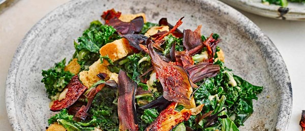 Vegan kale Caesar salad with aubergine 'bacon'