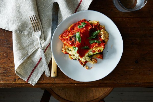 Vegan lasagna with roasted summer vegetables