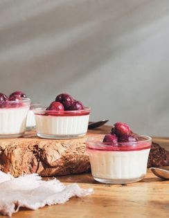 Vegan lemon mousse with cherry compote