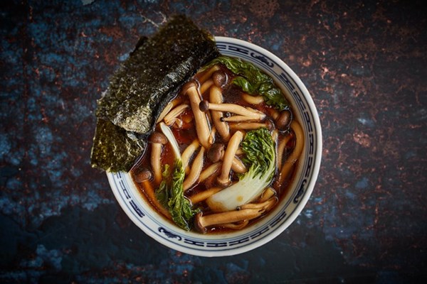 Vegan mushroom miso soup with udon noodles