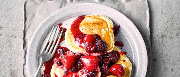 Vegan pancakes with mixed berry compote