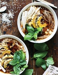 Vegan pho with delicata squash and enoki mushrooms