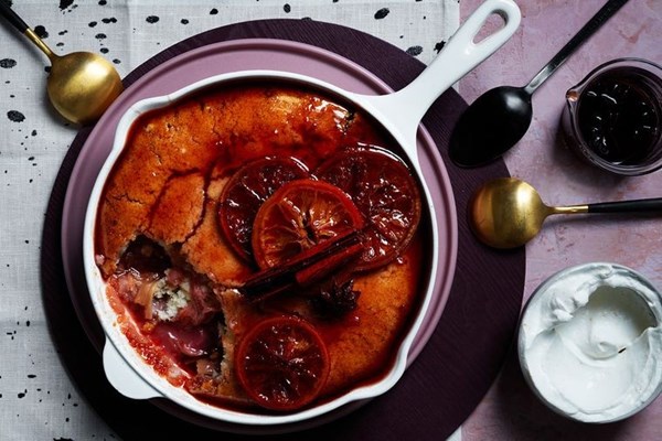 Vegan poached rhubarb and orange self-saucing pudding