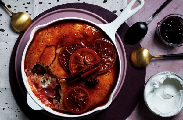 Vegan poached rhubarb and orange self-saucing pudding