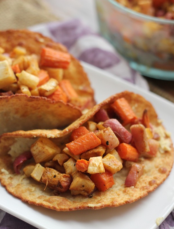 Vegan puffy tacos with cumin-spiced hummus