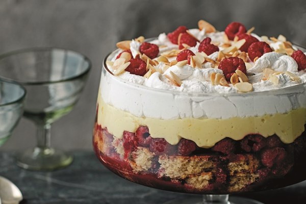 Vegan raspberry, almond, sherry and saffron trifle