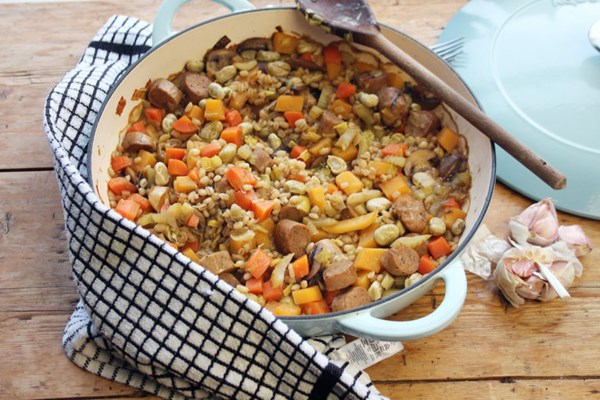 Vegan sausage and broad bean cassoulet