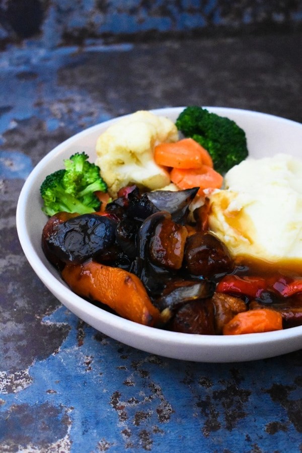 Vegan sausage and sweet potato bake