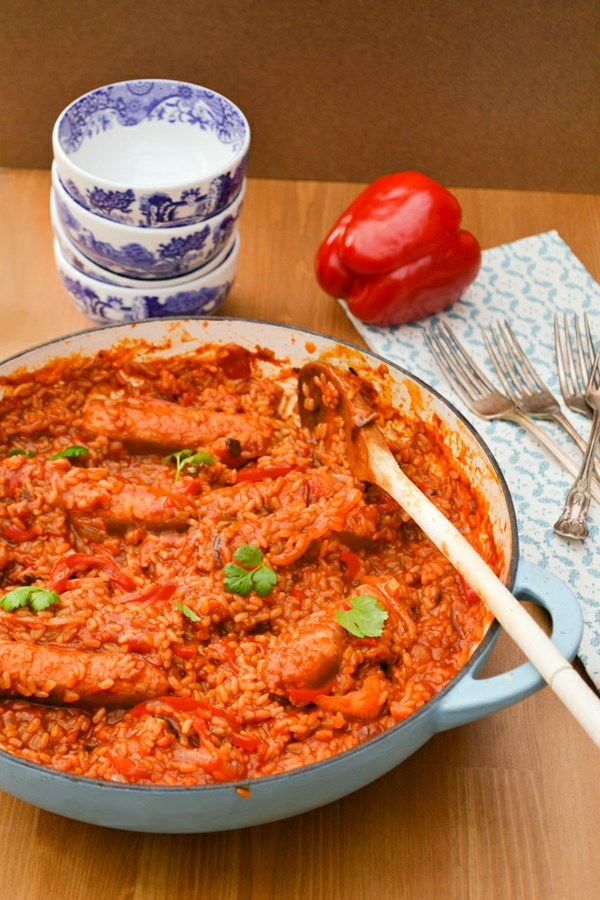 Vegan sausage, red pepper and brown rice casserole