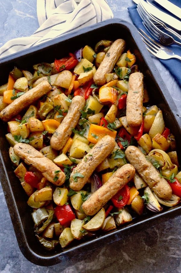 Vegan sausage traybake: a one pan meal