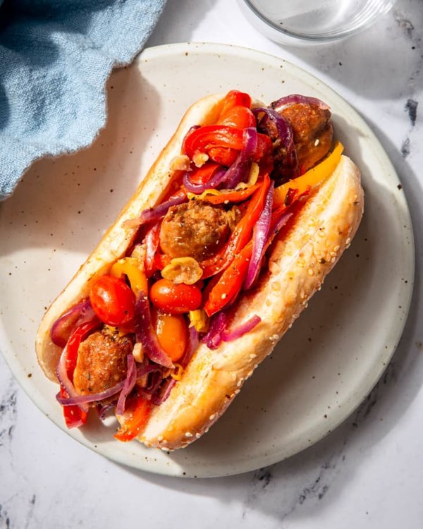 Vegan sheet pan sausage and peppers