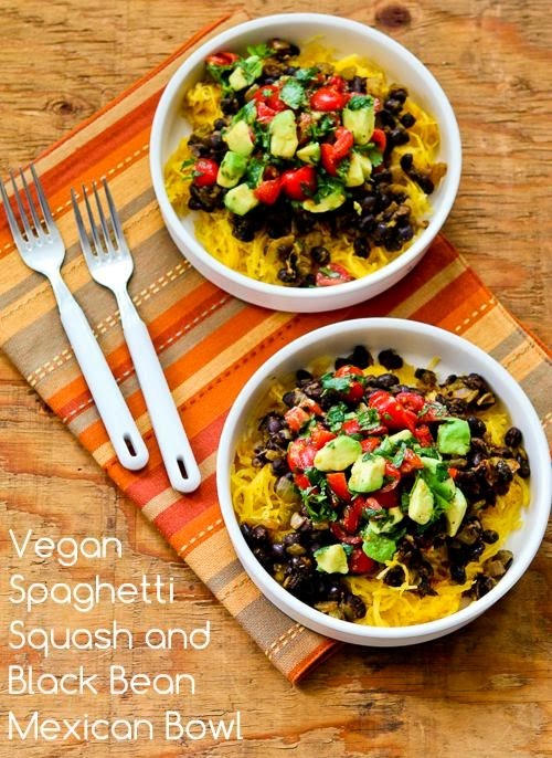 Vegan spaghetti squash and black bean Mexican bowl (with avocado salsa)