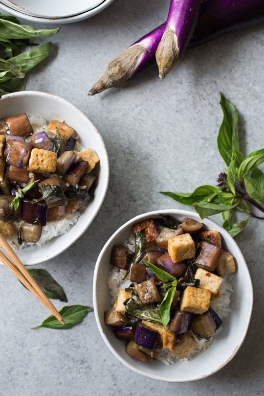 Vegan stir-fried garlic tofu and eggplant