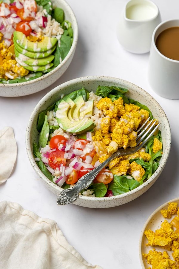 Vegan tofu scramble burrito bowl