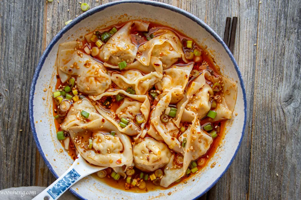 Vegan tofu wontons in chile oil