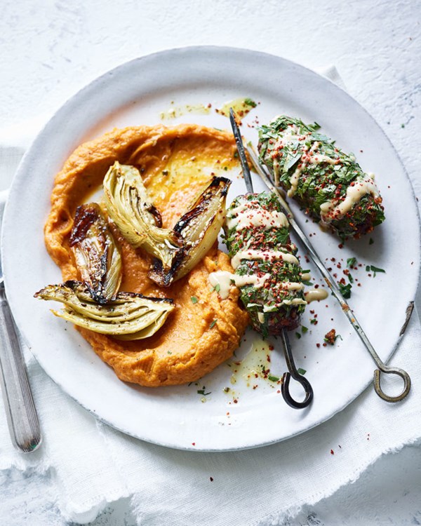 Vegan Turkish kebabs with chilli sweet potato mash & roasted veg