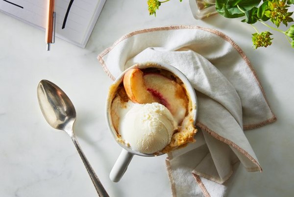 Vegan white peach mug cobbler with cardamom 