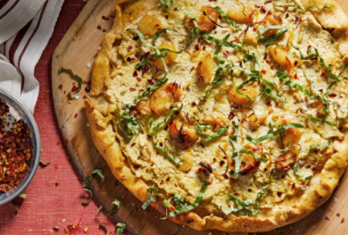 Vegan white pizza with artichoke tofu ricotta and roasted garlic