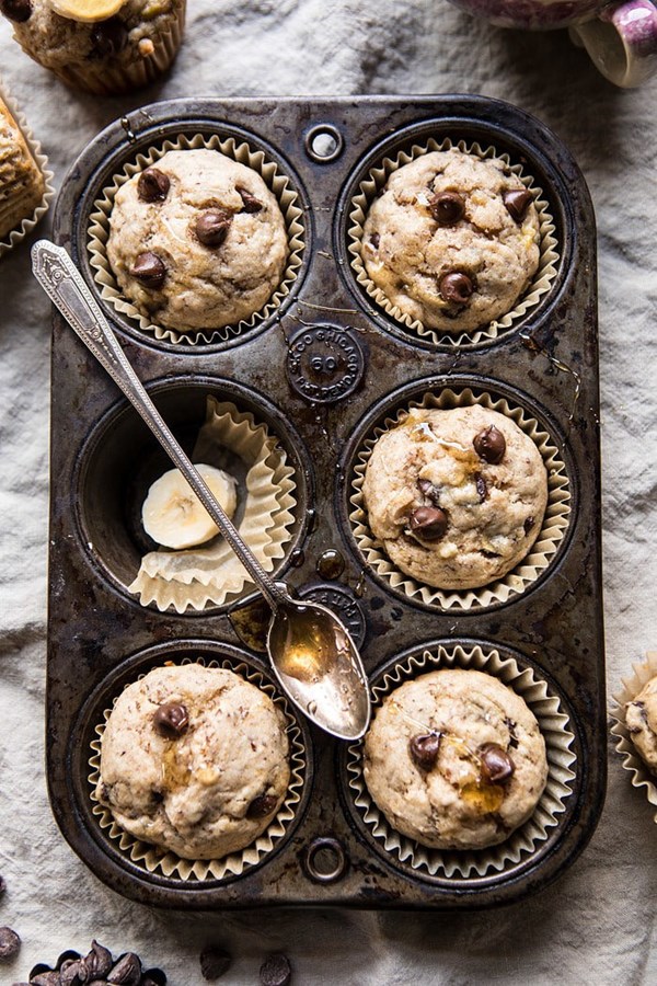Vegan whole wheat chocolate chip banana bread muffins