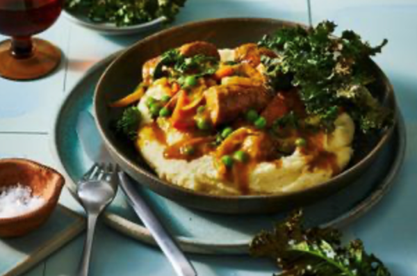 Vegemite curried sausages on mash