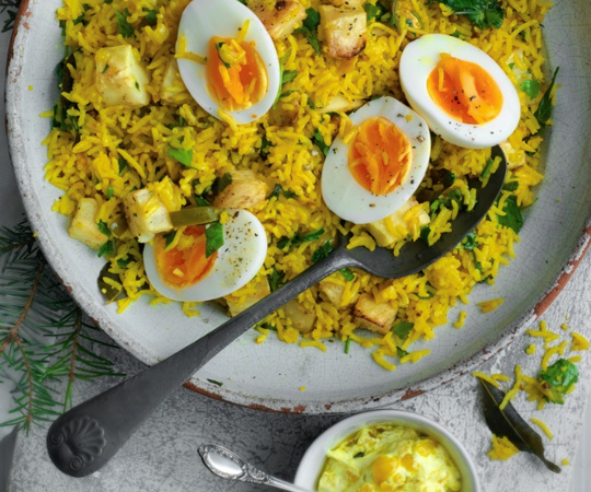 Vegeree with soft eggs and smoked salt baked celeriac