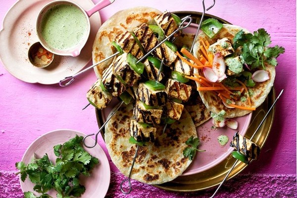 Vegetable & paneer shish kebab, roti and carrot salad