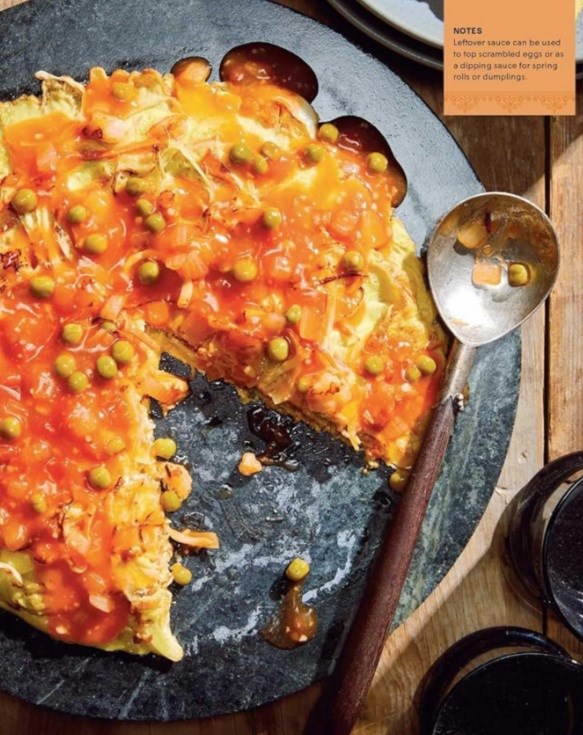 Vegetable and shrimp omelet with sweet and sour sauce (Foo yong hai)