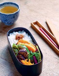 Vegetable bento: rice with umeboshi