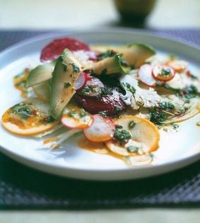 Vegetable carpaccio with saffron verde dressing - raw