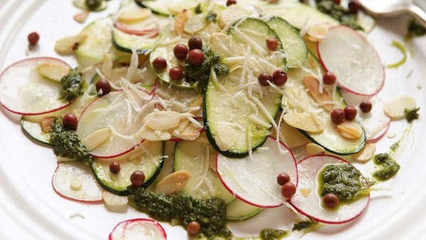 Vegetable carpaccio with salsa verde and almonds
