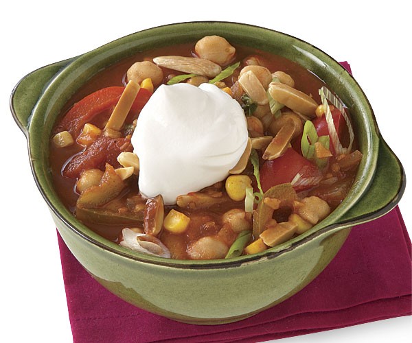 Vegetable-chickpea chili with fried almonds