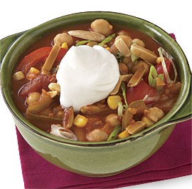 Vegetable-chickpea chili with fried almonds