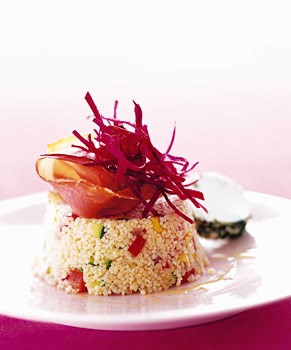 Vegetable couscous, goat cheese, and beets