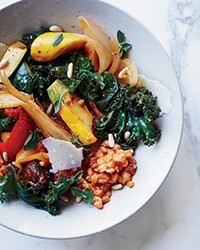 Vegetable farro stew with figs and pine nuts