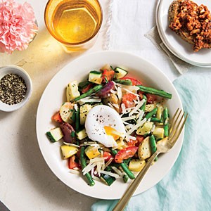 Vegetable hash with poached eggs