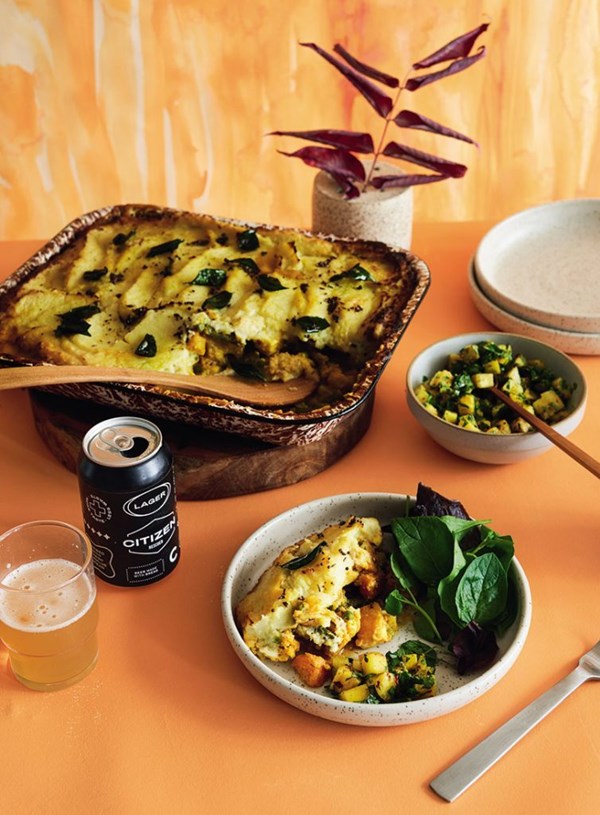 Vegetable korma cottage pie with pineapple salsa