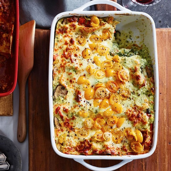 Vegetable lasagna with yellow tomatoes