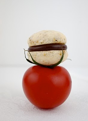 Vegetable macarons with chili chocolate ganache