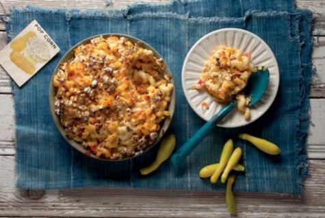 Vegetable-packed mac and cheese with popcorn topping