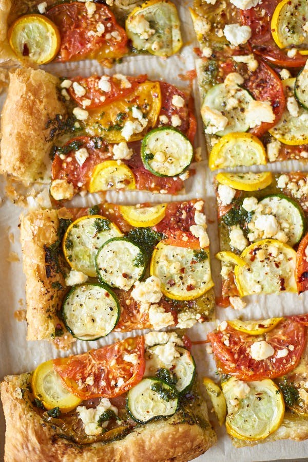 Vegetable pesto puff pastry tart