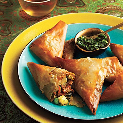 Vegetable samosas with mint chutney
