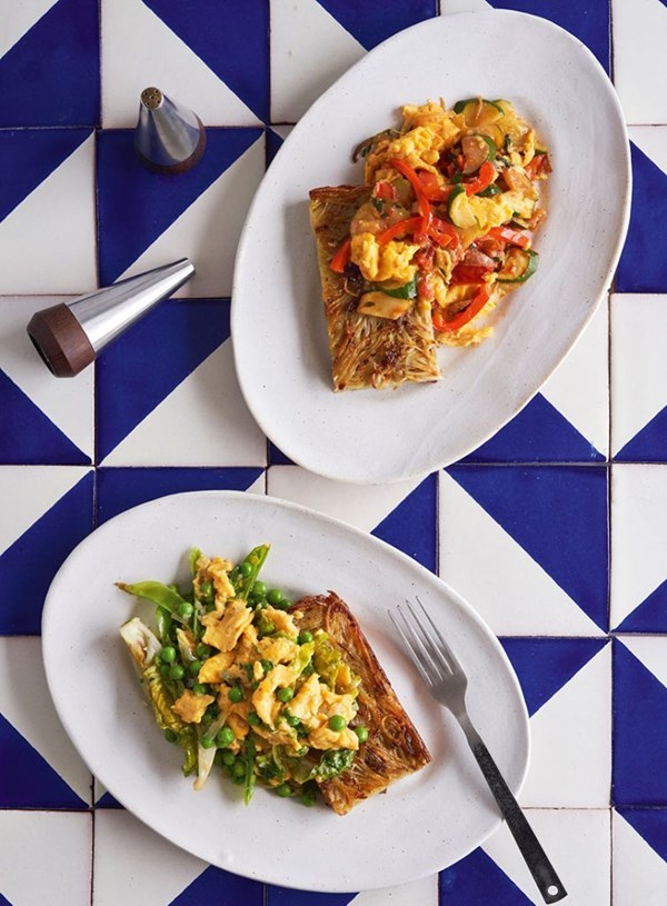 Vegetable scramble with anchovy rosti