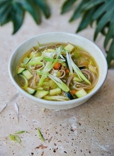 Vegetable soba noodle soup with miso bone broth