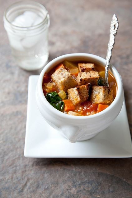 Vegetable soup with garlicky croutons