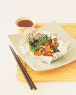 Vegetables and salmon in a parcel (Saka-mushi)