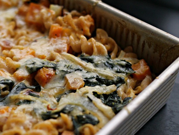 {Vegetarian} bacon and butternut pasta with caramelized onions and kale