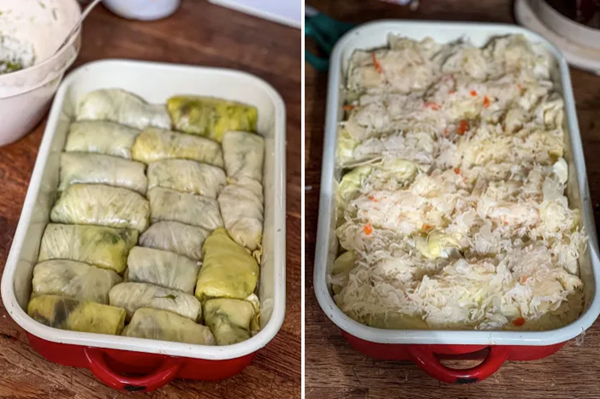 Vegetarian baked cabbage rolls with sauerkraut
