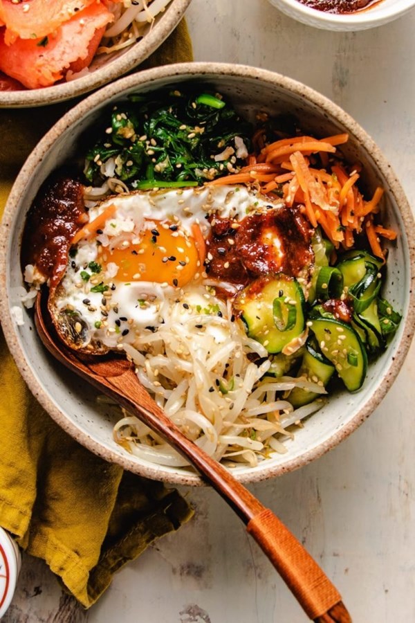 Vegetarian bibimbap bowl with bibimbap sauce