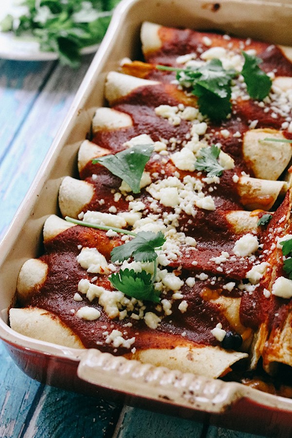 Vegetarian black bean and cheese ancho-ladas [ancho-lada sauce]
