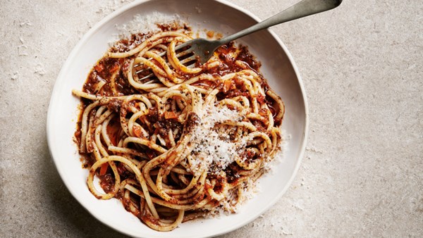 Vegetarian bucatini Bolognese